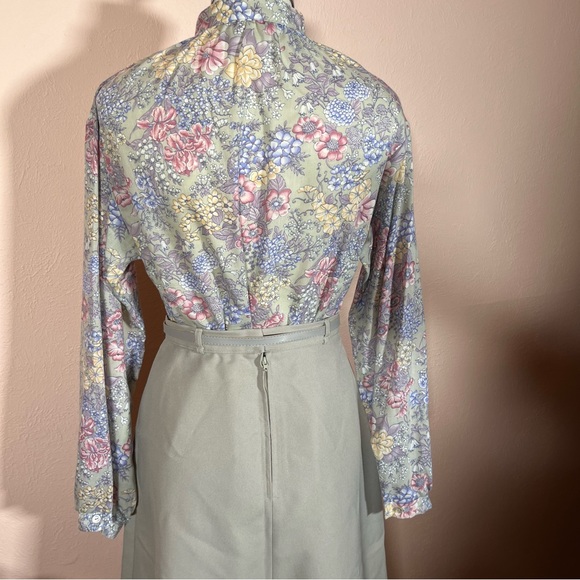 Vintage 70 80 Retro Victorian pastel floral Prairie Grey High waist Skirt set - Picture 8 of 17